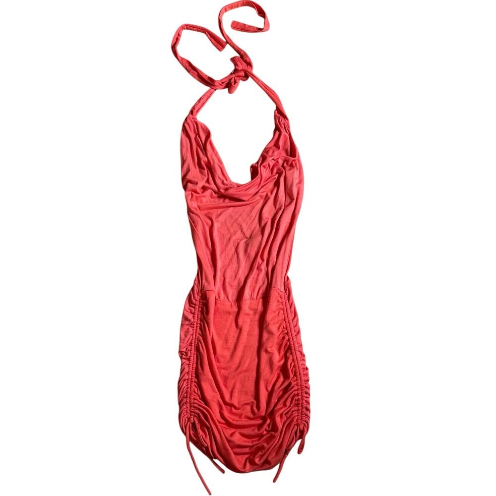 VTG Y2K Orange Cowl Neck Ruched Mini Slip Halter Dress Open Back S Party Girl
